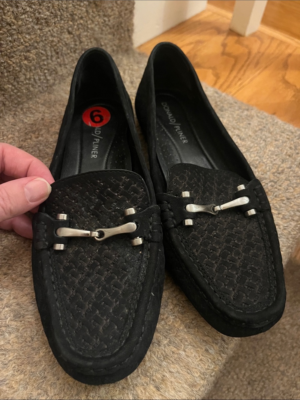 Donald J. Pliner Black Woven Suede Loafers with Silver Bit Accent